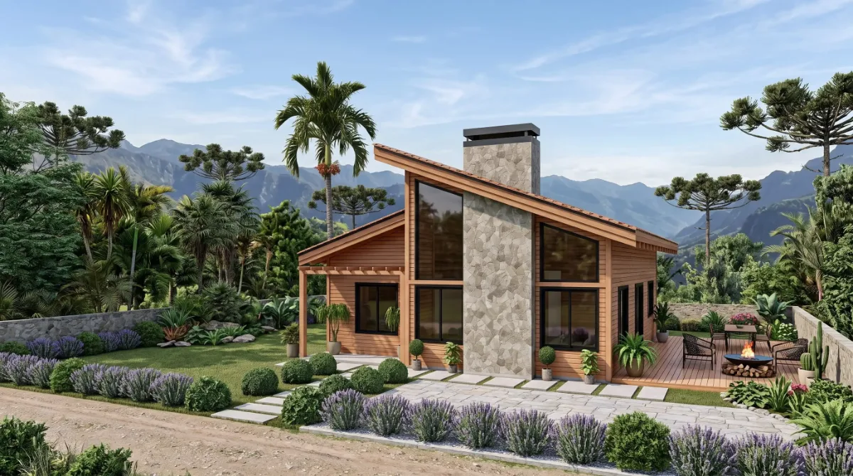Casa de madeira pré-fabricada modelo Cambará, 61,75 m², 2 quartos