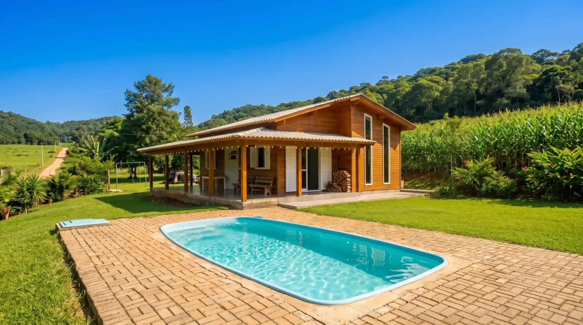 Casa de madeira pré-fabricada modelo Grápia, 42,5 m², 2 quartos