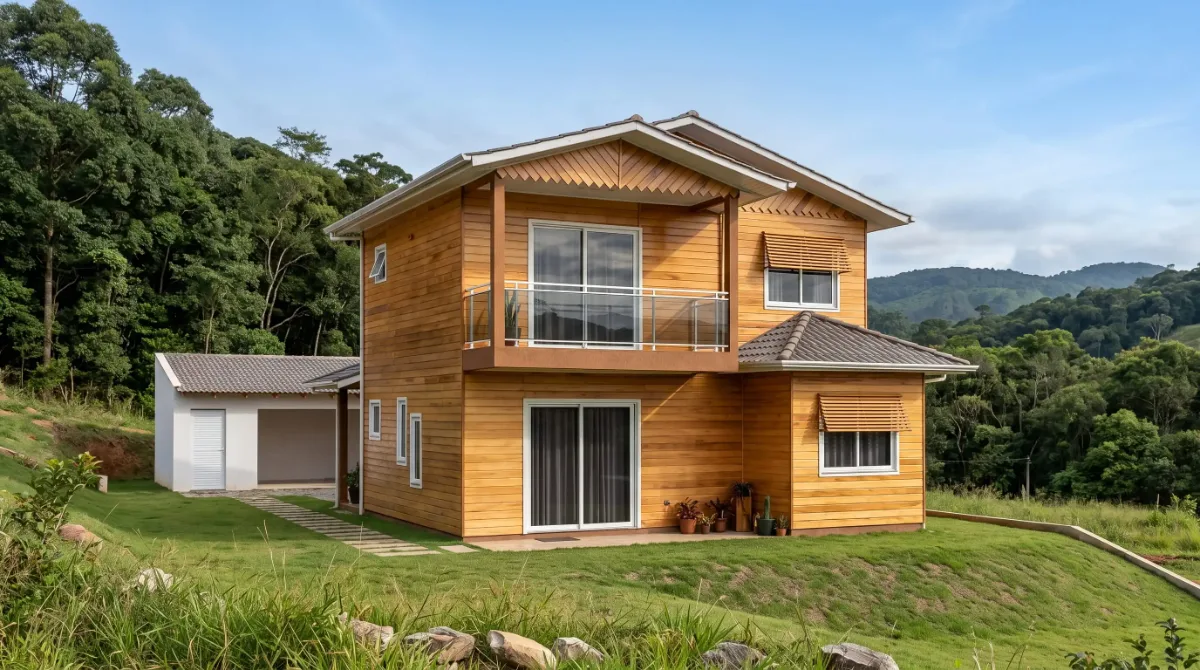 Casa de madeira pré-fabricada modelo Marfim, 67,5 m², 2 quartos